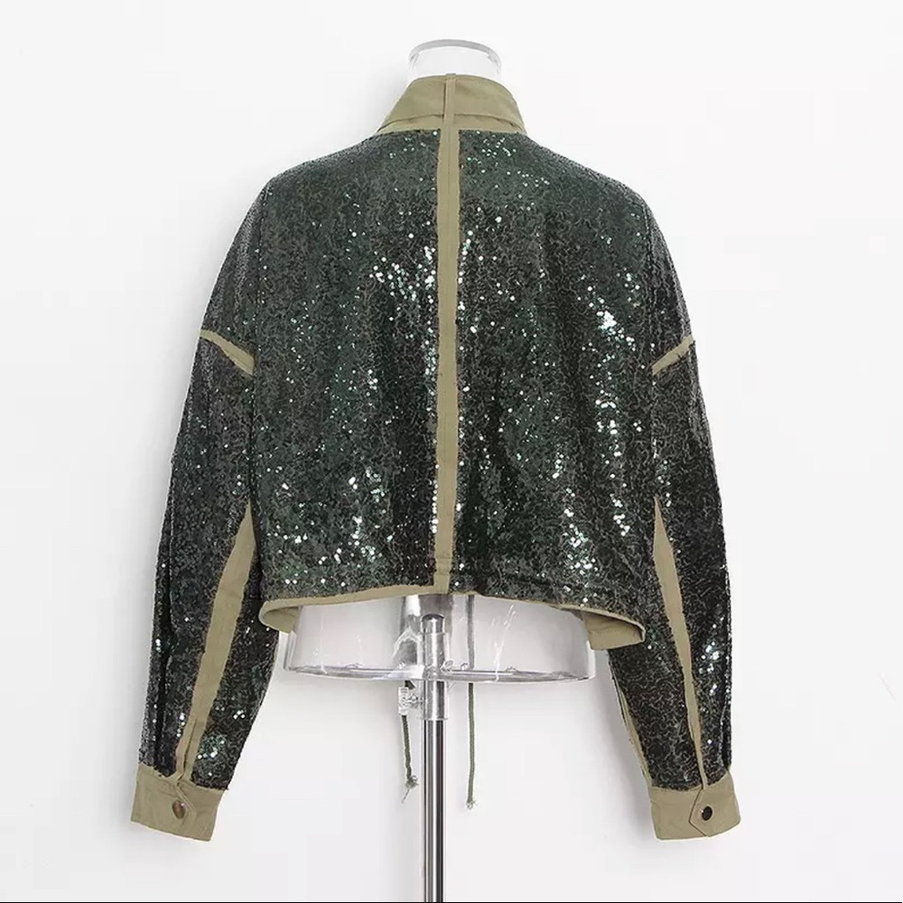 New Fashion Round Neck Loose Zipper Pocket Long Sleeve Sequined Short Coat - Picture 2 of 6